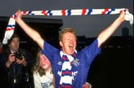 Apr 1990:  Mo Johnston of Rangers celebrates victory after the Premier League match against Dundee at Tannadice Park in Dundee, Scotland. Rangers won the match 1-0. \ Mandatory Credit: Russell  Cheyne/Allsport